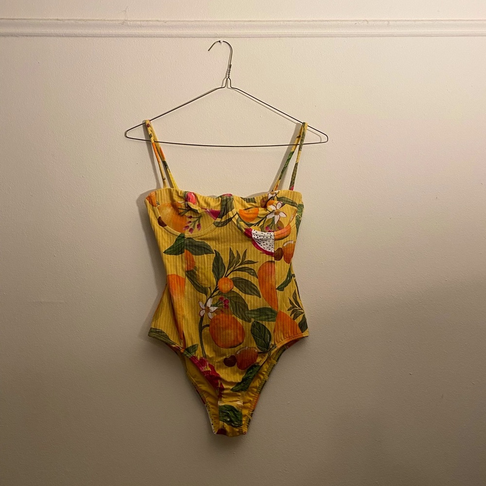 NWT Farm Rio yellow floral print bustier bodysuit with snap bottom, size small